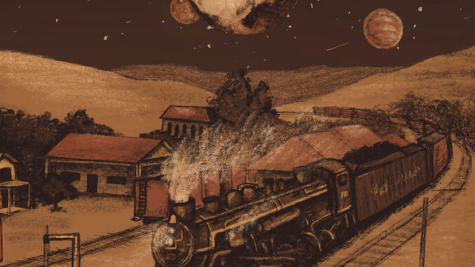 Album artwork. An old locomotive moves through railroad tracks below a large moon. The caption reads Bill Scorzari, Sidereal Days (Day 2)
