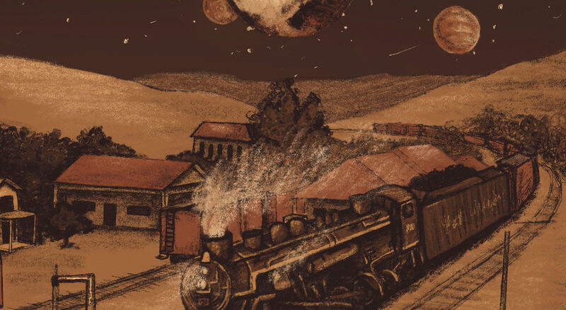 Album artwork. An old locomotive moves through railroad tracks below a large moon. The caption reads Bill Scorzari, Sidereal Days (Day 2)