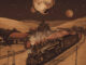 Album artwork. An old locomotive moves through railroad tracks below a large moon. The caption reads Bill Scorzari, Sidereal Days (Day 2)
